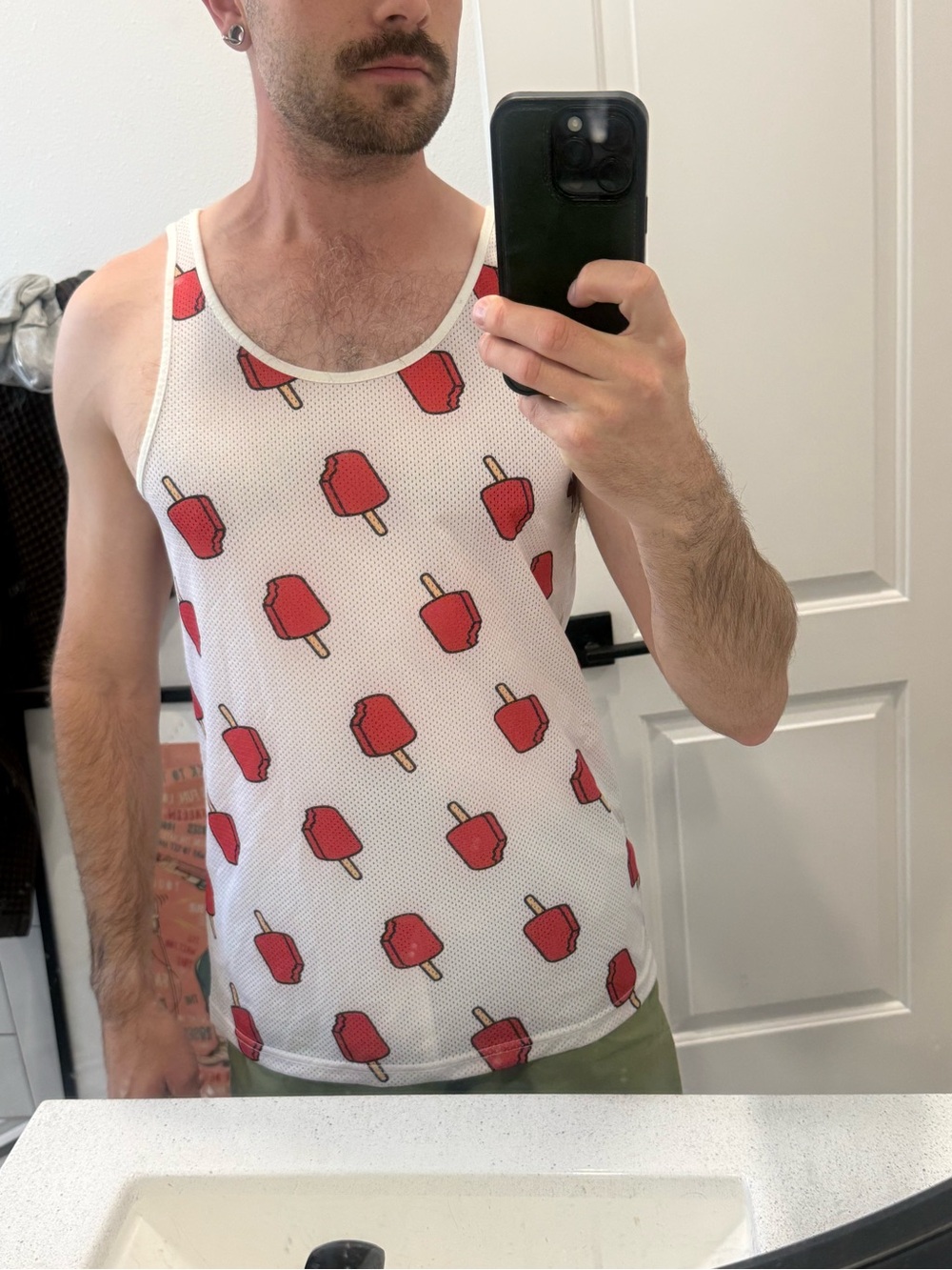 Men's White Tank Top with Red Popsicle Print